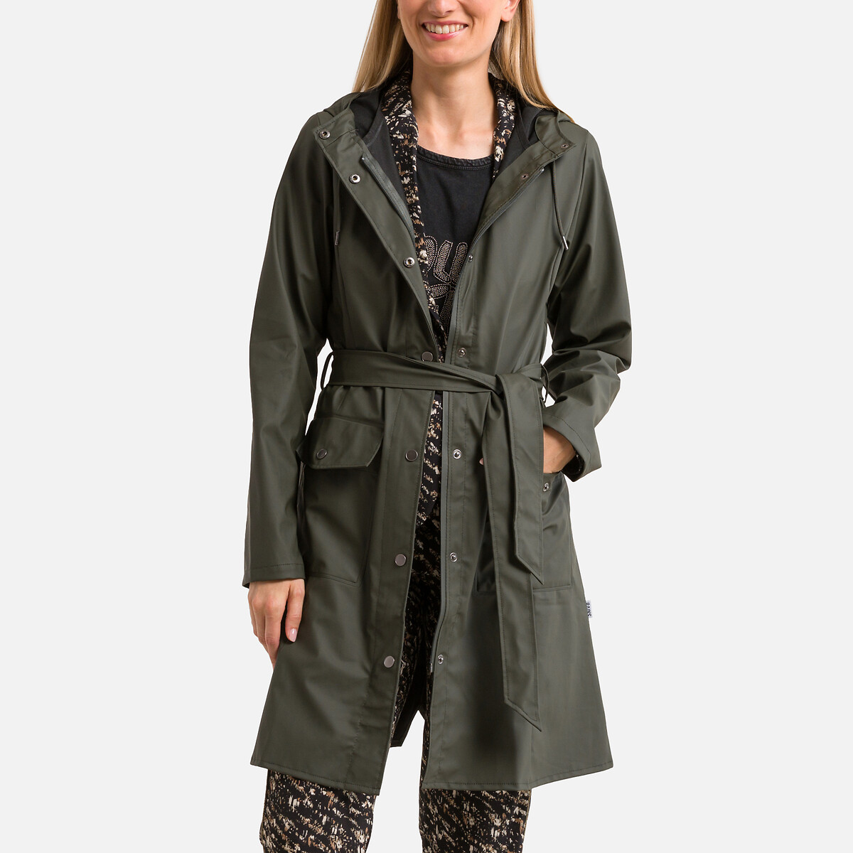 Curve W Long Trench Coat with Tie-Waist and Zip Fastening
