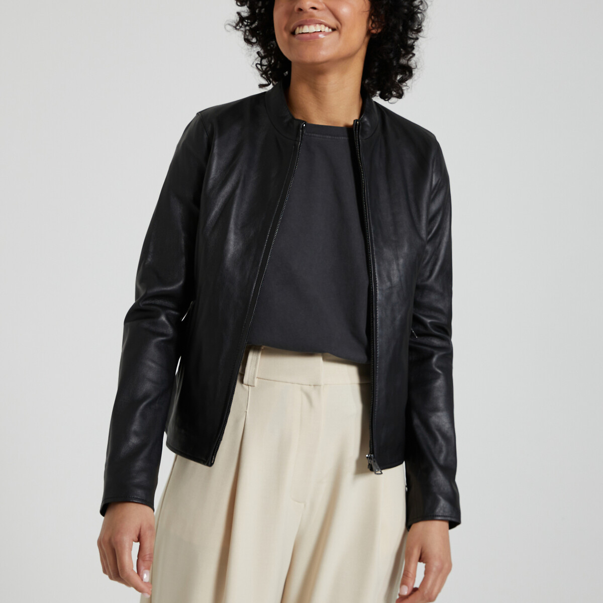 Bea Leather Jacket with Mandarin Collar